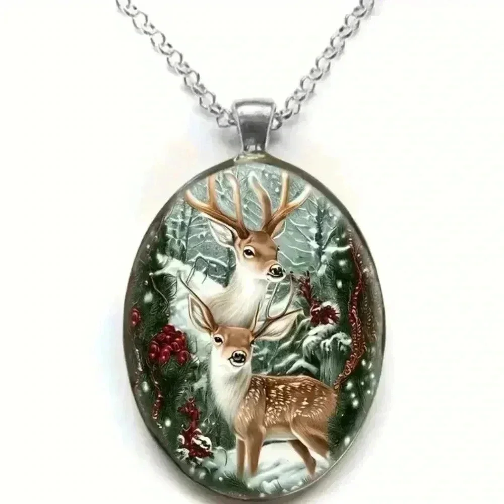 NEW Festive‎ Christmas Holiday deer Crystal glass pendant necklace (#808)(#F)